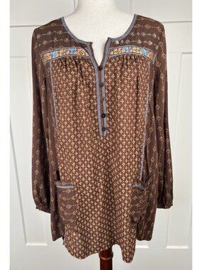 Krista Lee Tunic Top NWT S Boho Embroidered Beaded Brown Oversized Peasant Top